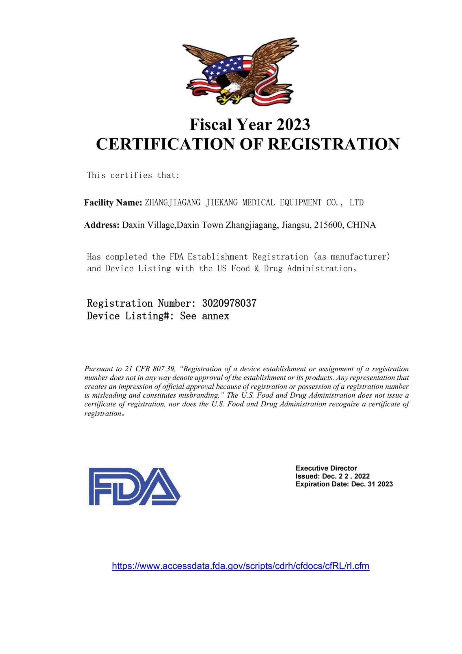 FDA Registration Document - Zhangjiagang Jiekang